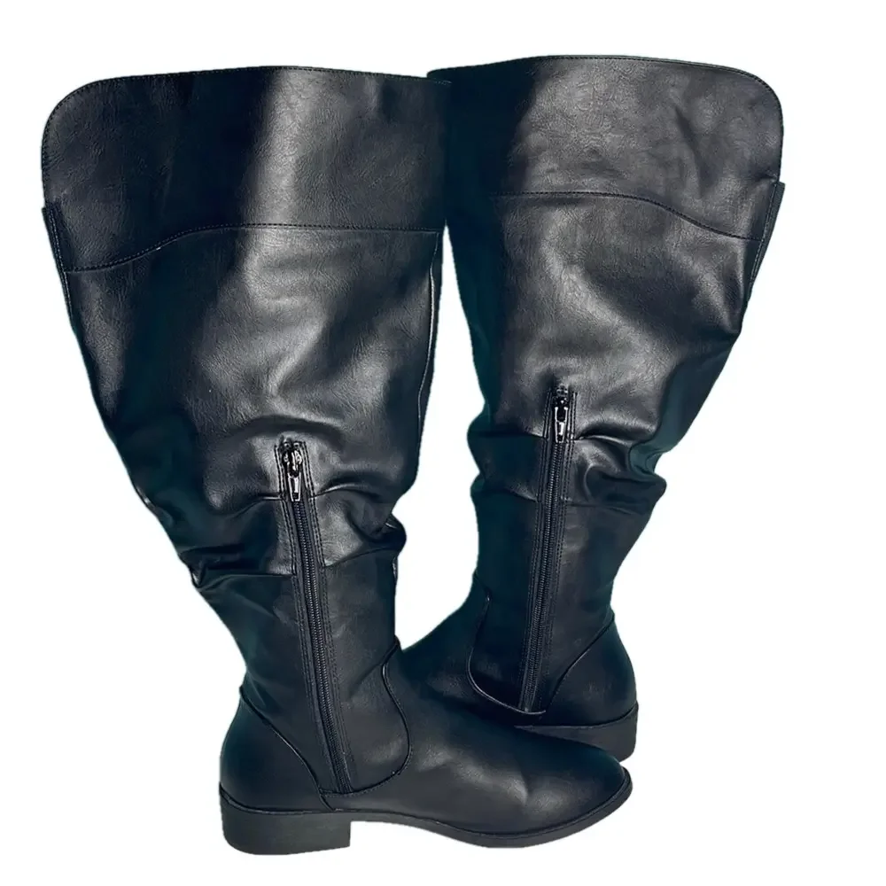 American Eagle Black Knee-High Riding Boots 8W Wide Zip Tall Low Heel Like New